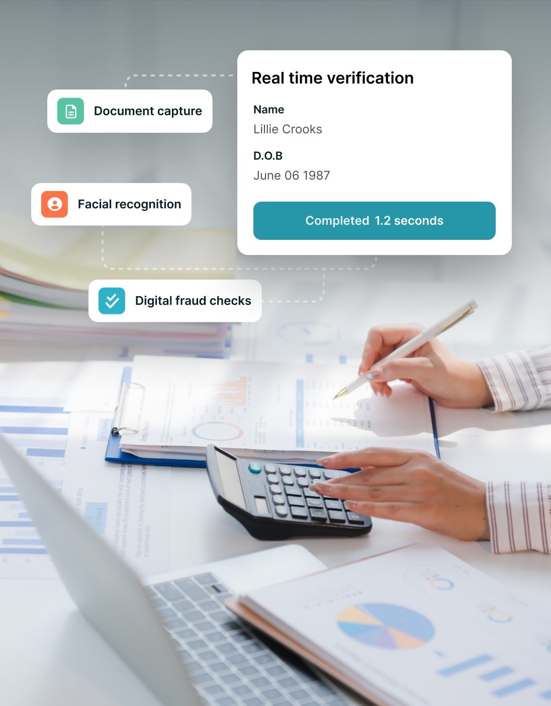 An identity verification completing in 1.2 seconds, with document capture, facial recognition and digital fraud checks passed