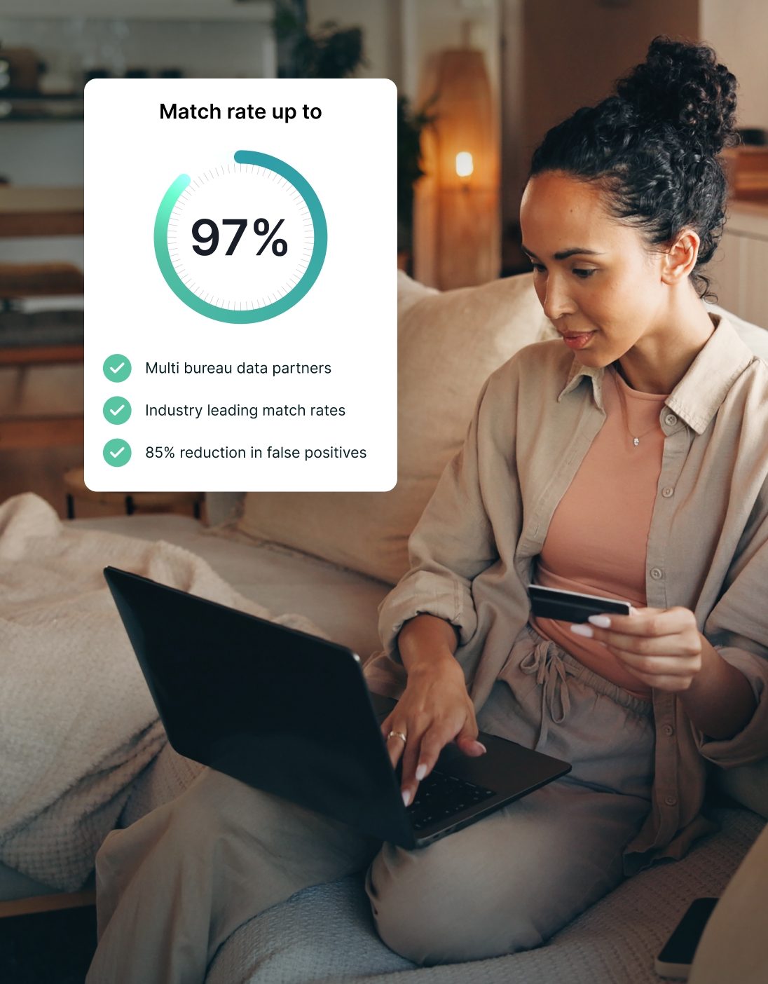 A customer using a bank card with a laptop, beside a 97 per cent match rate from multi-bureau data partners