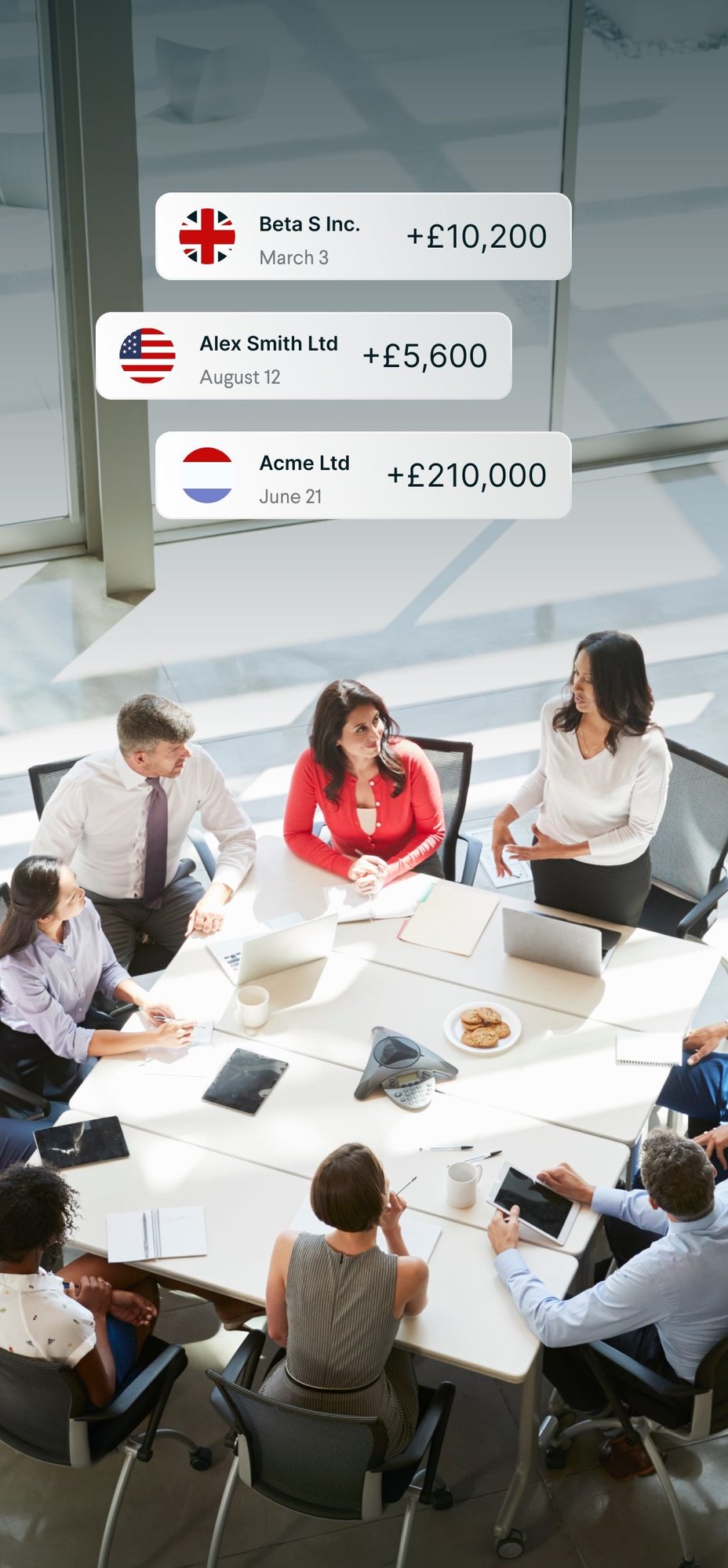 A boardroom meeting, with client payments of £10,200, £5,600 and £210,000 listed