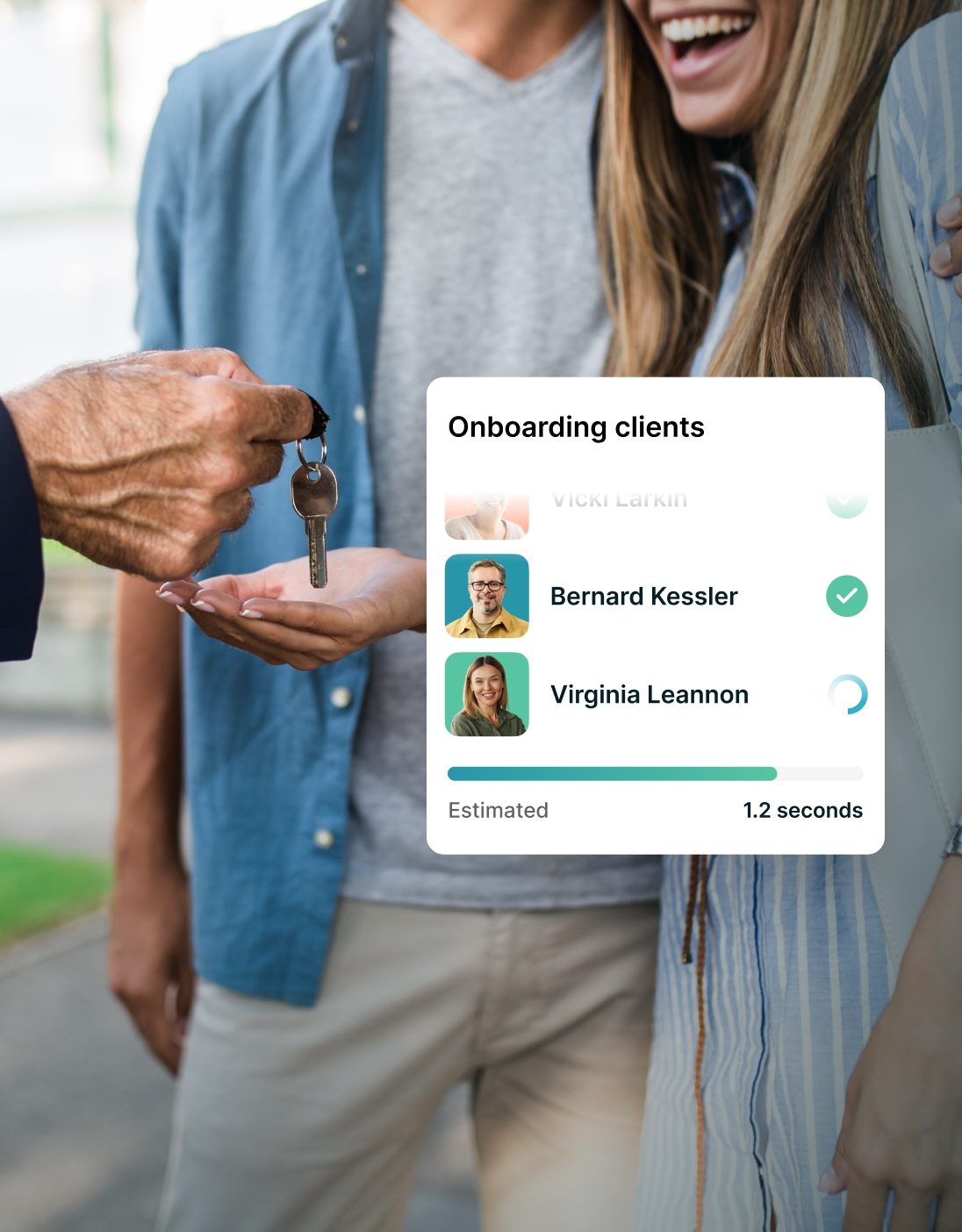 An estate agent handing over keys, with two clients being onboarded alongside