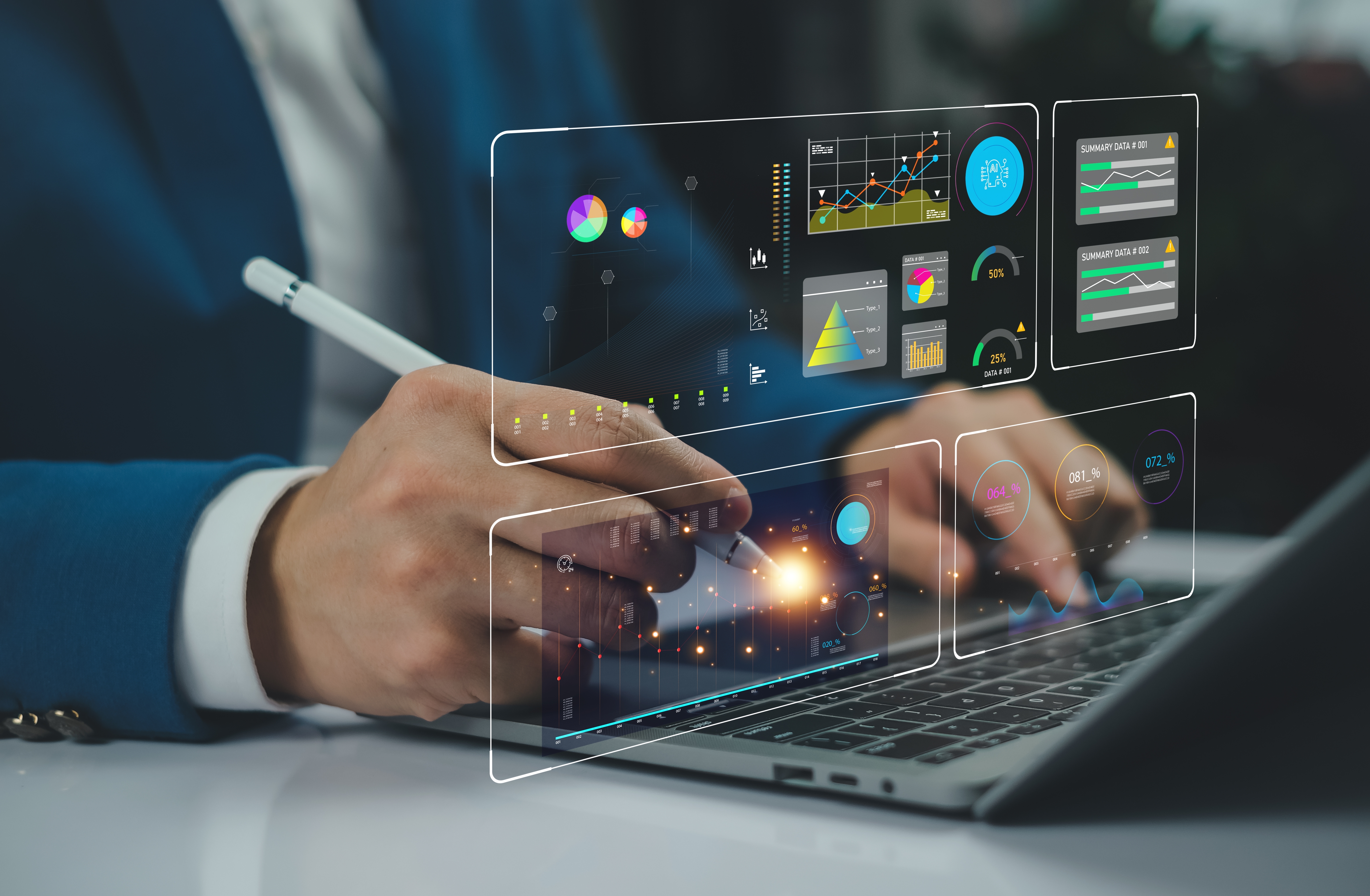 Man sat in front of a laptop with floating graphs illustrating costs and pricing of AML solutions.
